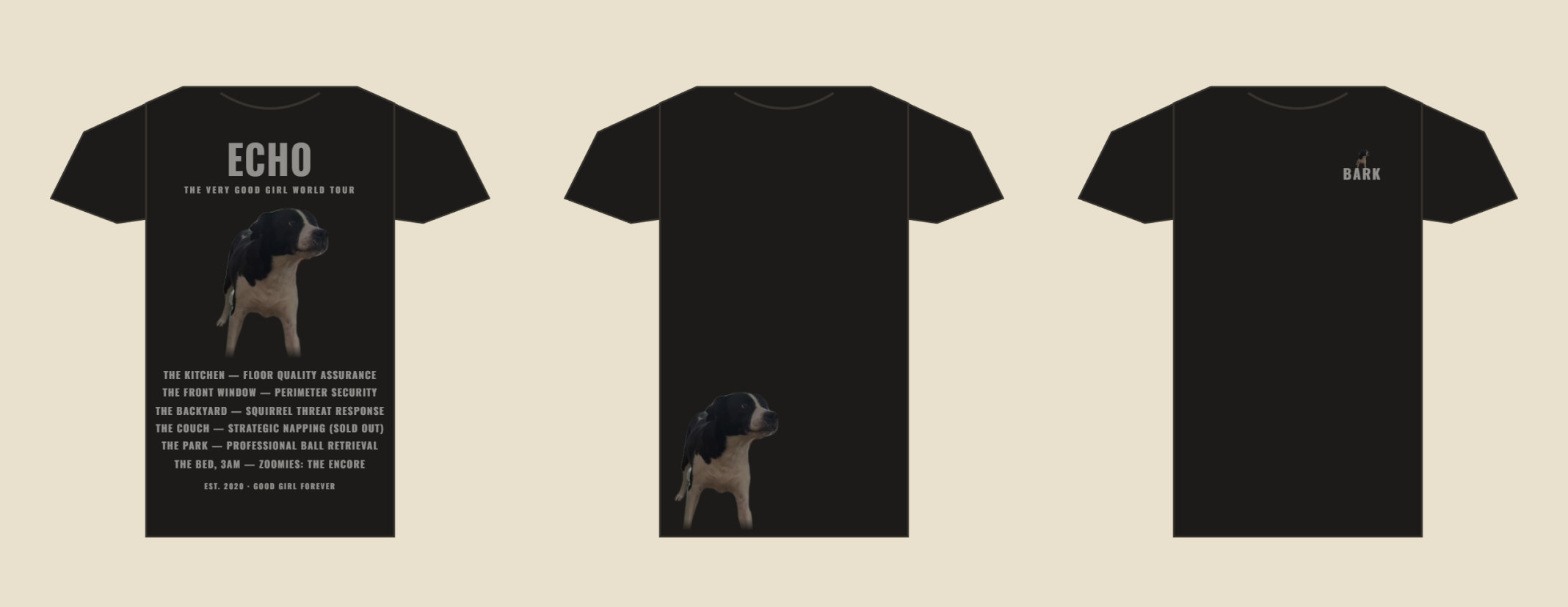 Three tee designs: tour back, corner face, pocket mark